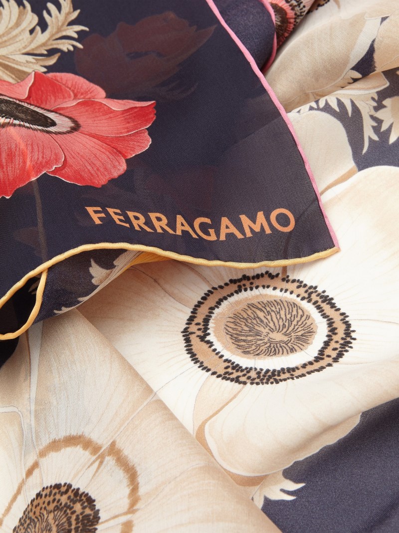 Ferragamo | Women's Anemone Print Silk Scarf - Marine Blue/Ivory/Pink