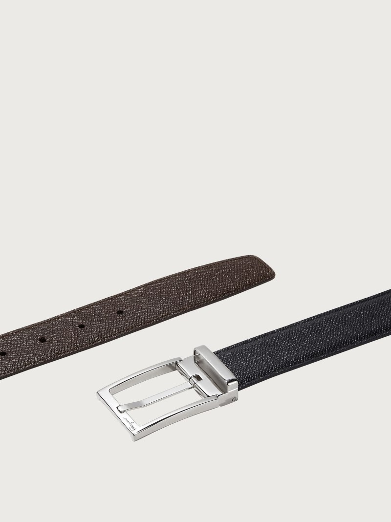 Ferragamo | Men's Reversible And Adjustable Belt With Rectangular Buckle - Black/Hickory