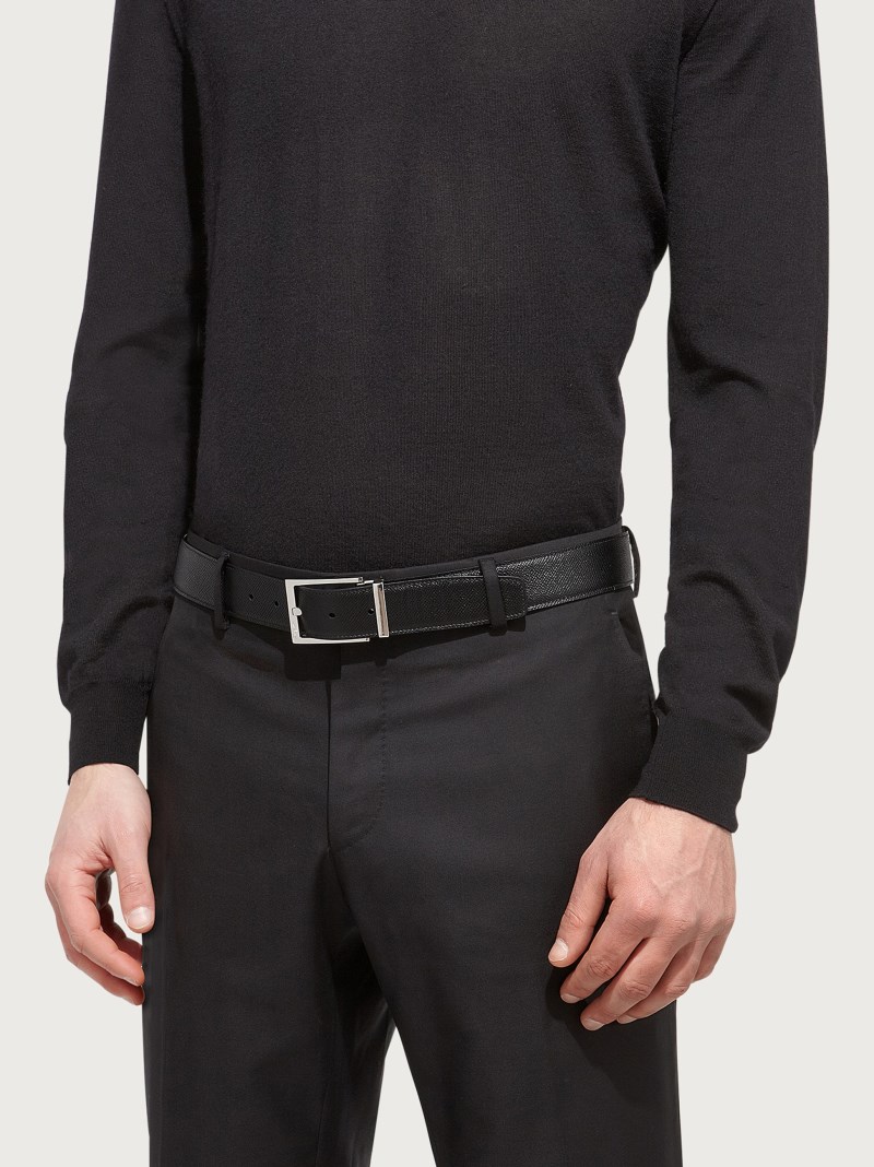 Ferragamo | Men's Reversible And Adjustable Belt With Rectangular Buckle - Black/Hickory
