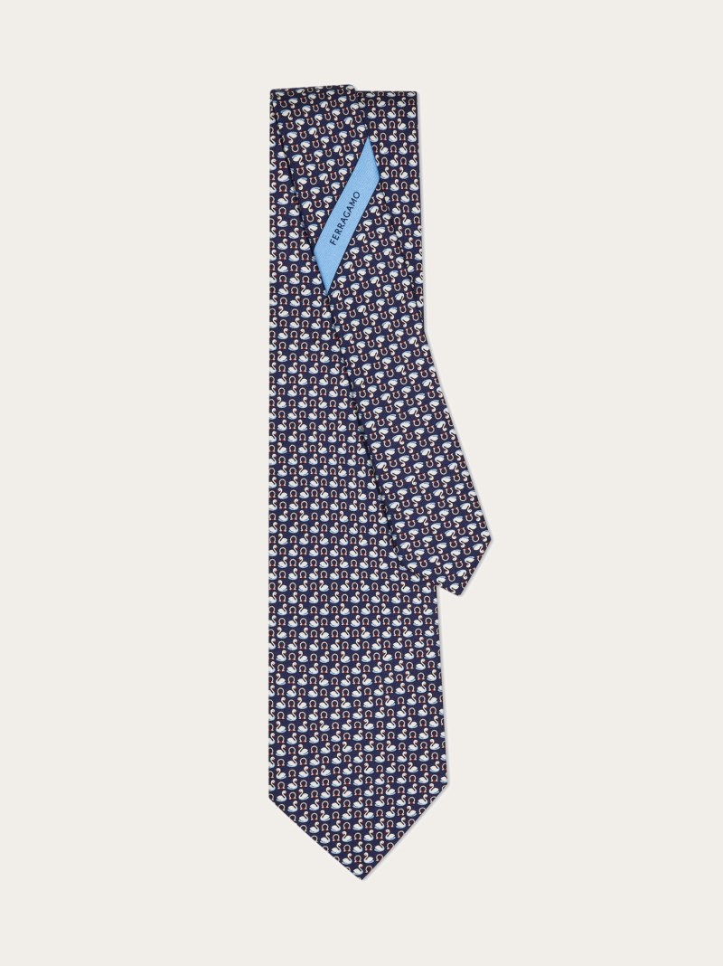 Ferragamo | Men's Swan Print Silk Tie - Navy Blue