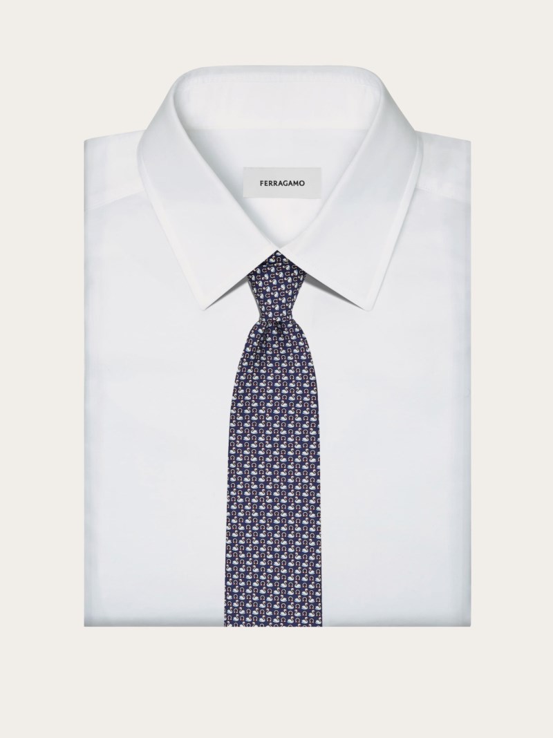 Ferragamo | Men's Swan Print Silk Tie - Navy Blue