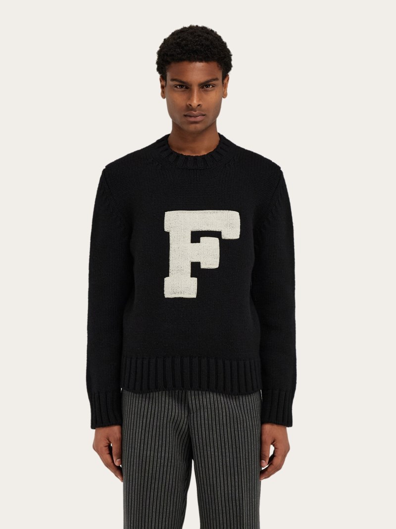 Ferragamo | Men's Crew Neck Sweater With Applied F Detail - Black