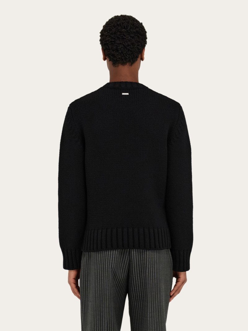 Ferragamo | Men's Crew Neck Sweater With Applied F Detail - Black