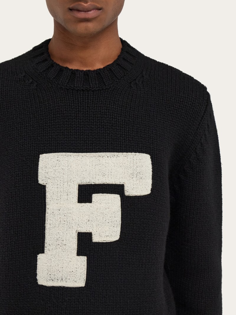 Ferragamo | Men's Crew Neck Sweater With Applied F Detail - Black