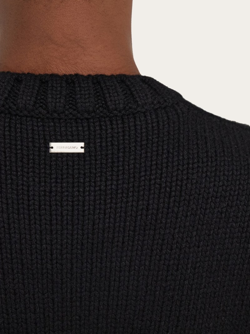 Ferragamo | Men's Crew Neck Sweater With Applied F Detail - Black