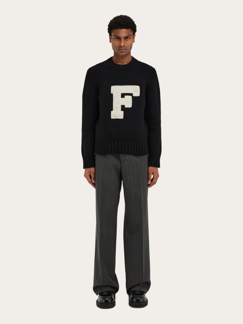 Ferragamo | Men's Crew Neck Sweater With Applied F Detail - Black