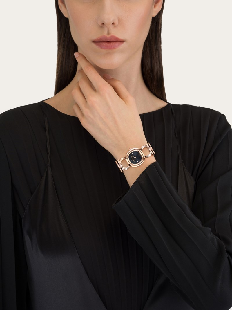 Ferragamo | Women's Double Gancini Watch - Ip Rose Gold/Black