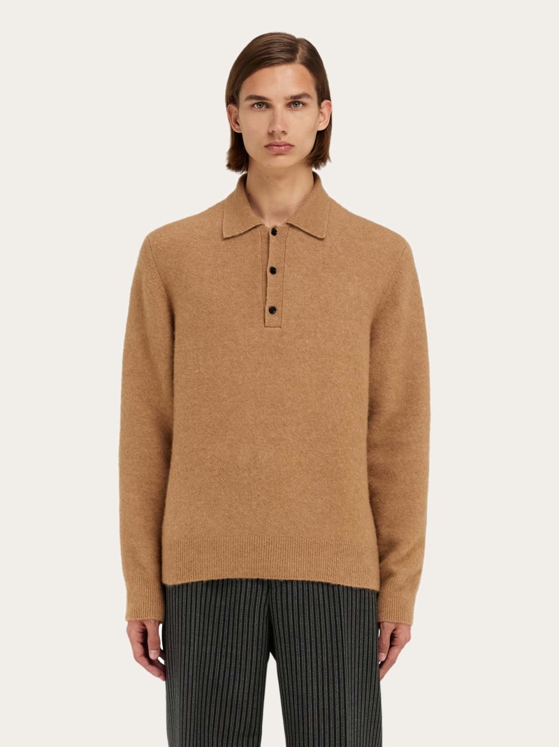 Ferragamo | Men's Long Sleeved Camel And Silk Polo Shirt - Camel