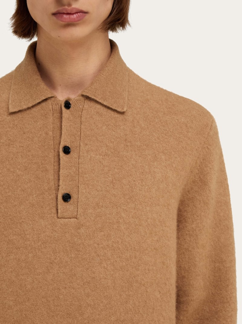 Ferragamo | Men's Long Sleeved Camel And Silk Polo Shirt - Camel