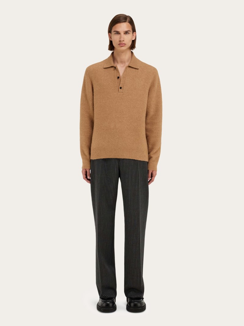 Ferragamo | Men's Long Sleeved Camel And Silk Polo Shirt - Camel