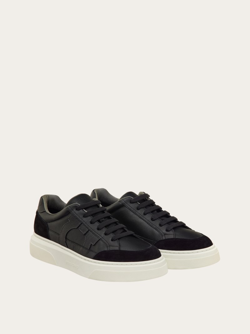 Ferragamo | Men's Low Top Sneaker With Gancini Ornament - Black