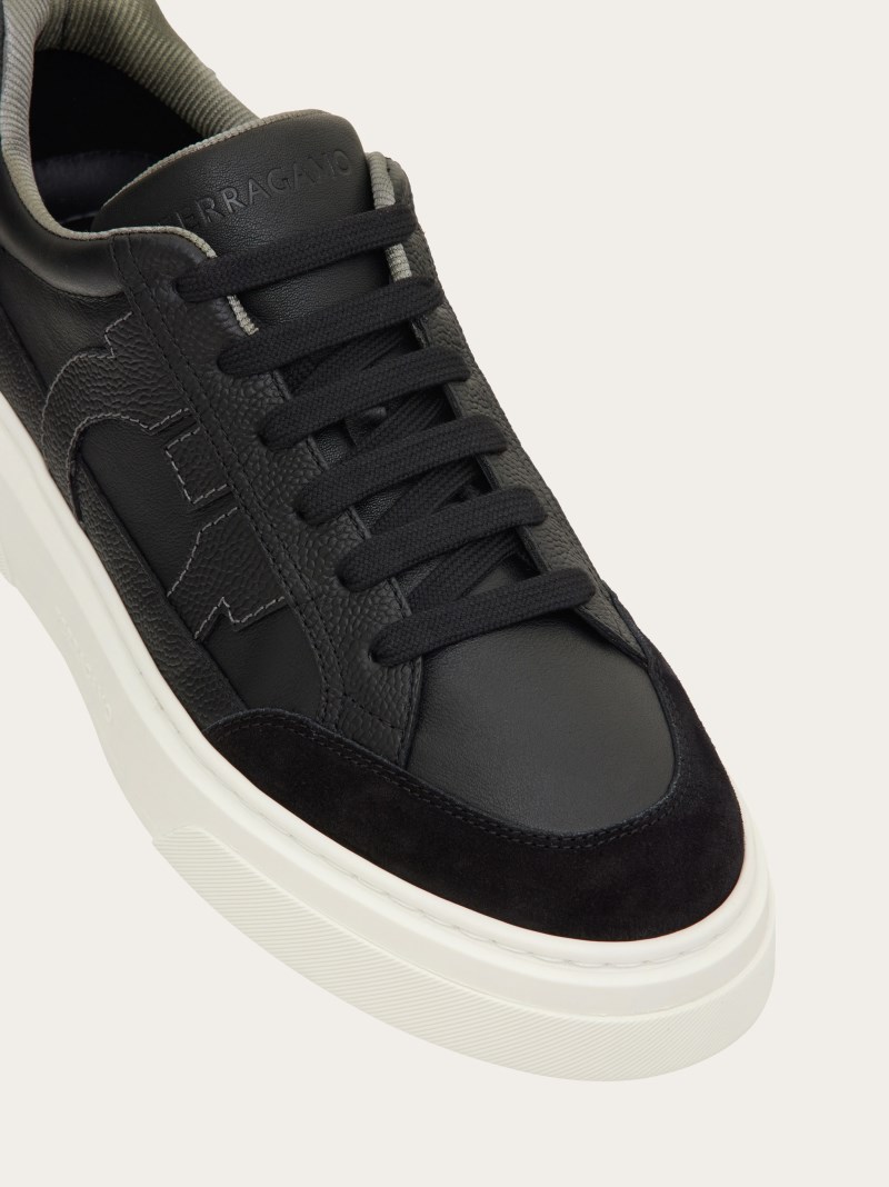 Ferragamo | Men's Low Top Sneaker With Gancini Ornament - Black