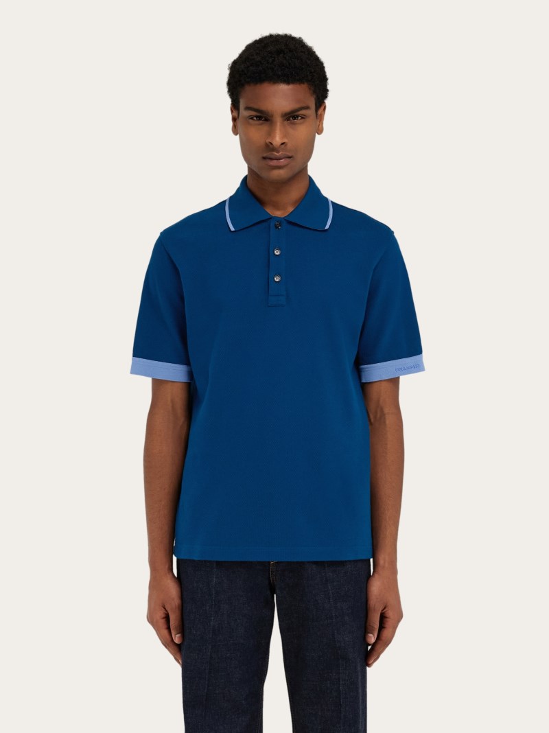 Ferragamo | Men's Polo Shirt With Contrasting Sleeve Detail - Teal Blue/Oxford Blue