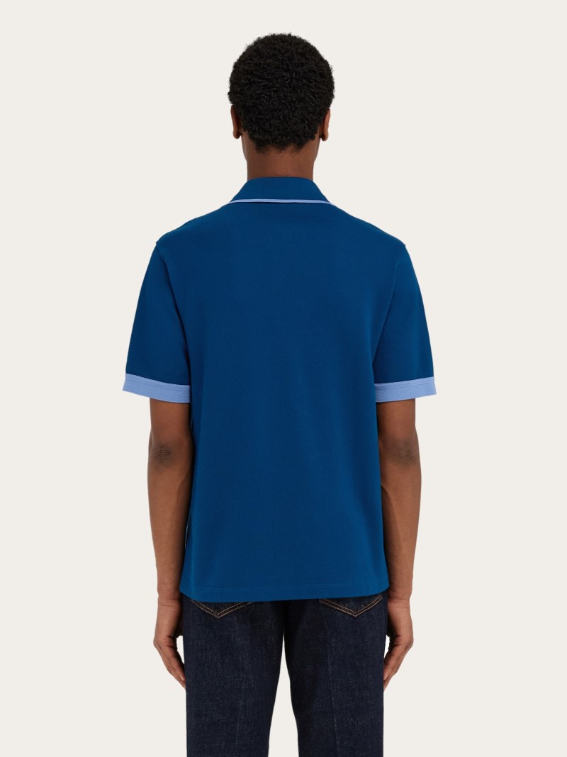 Ferragamo | Men's Polo Shirt With Contrasting Sleeve Detail - Teal Blue/Oxford Blue