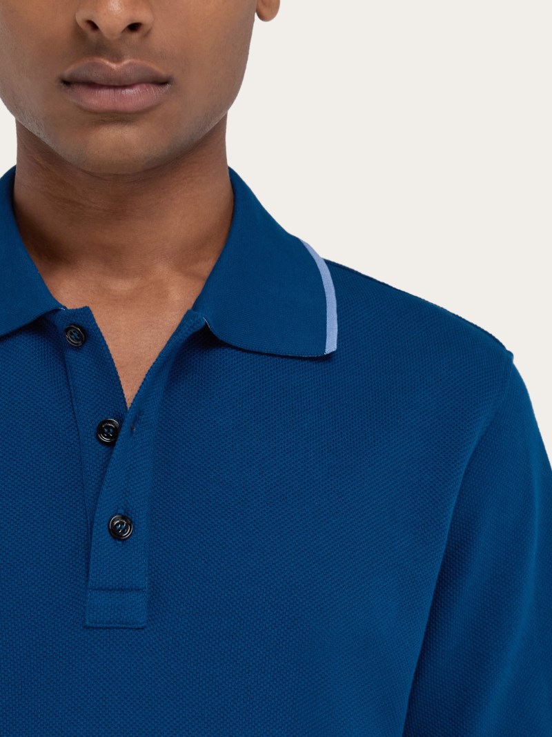 Ferragamo | Men's Polo Shirt With Contrasting Sleeve Detail - Teal Blue/Oxford Blue