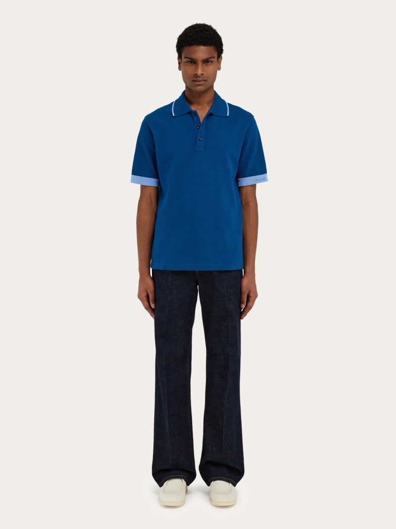 Ferragamo | Men's Polo Shirt With Contrasting Sleeve Detail - Teal Blue/Oxford Blue