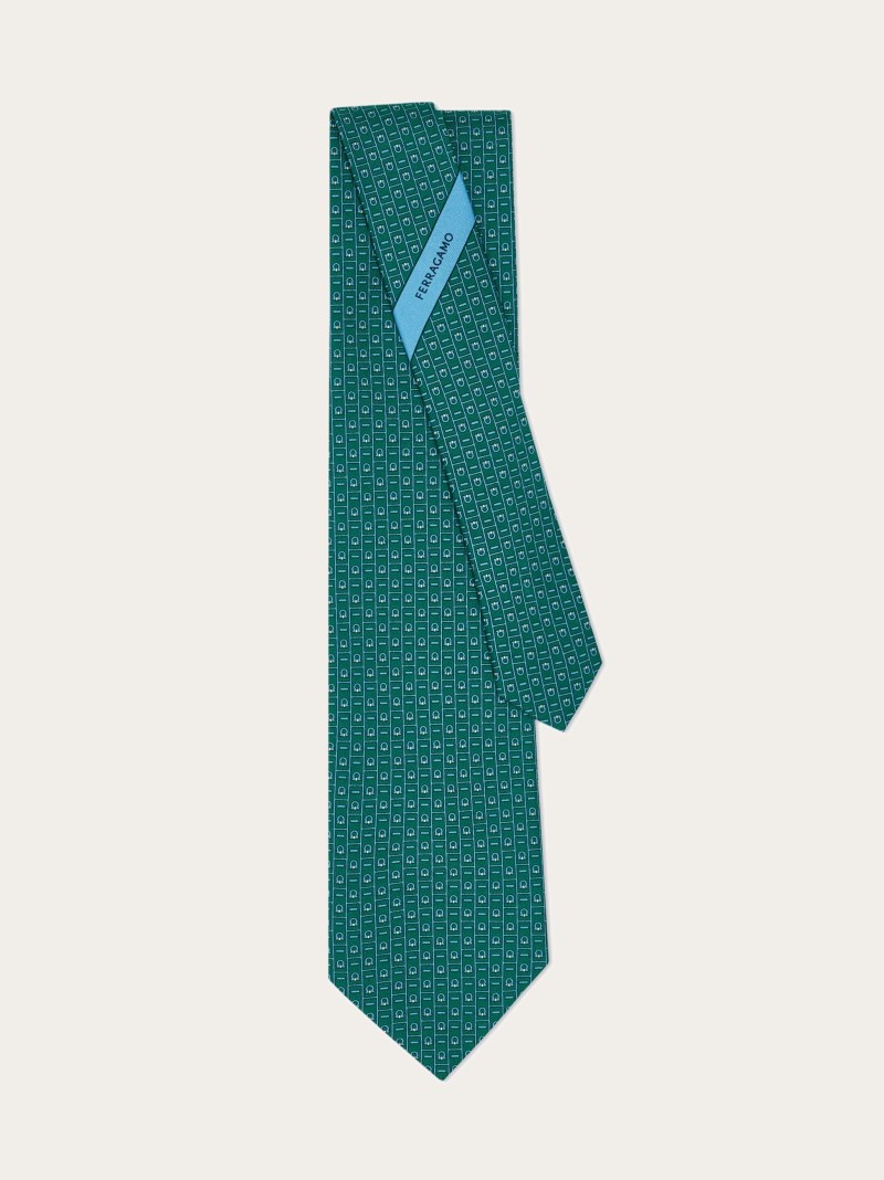 Ferragamo | Men's Monogram Print Silk Tie - Green/Light Blue