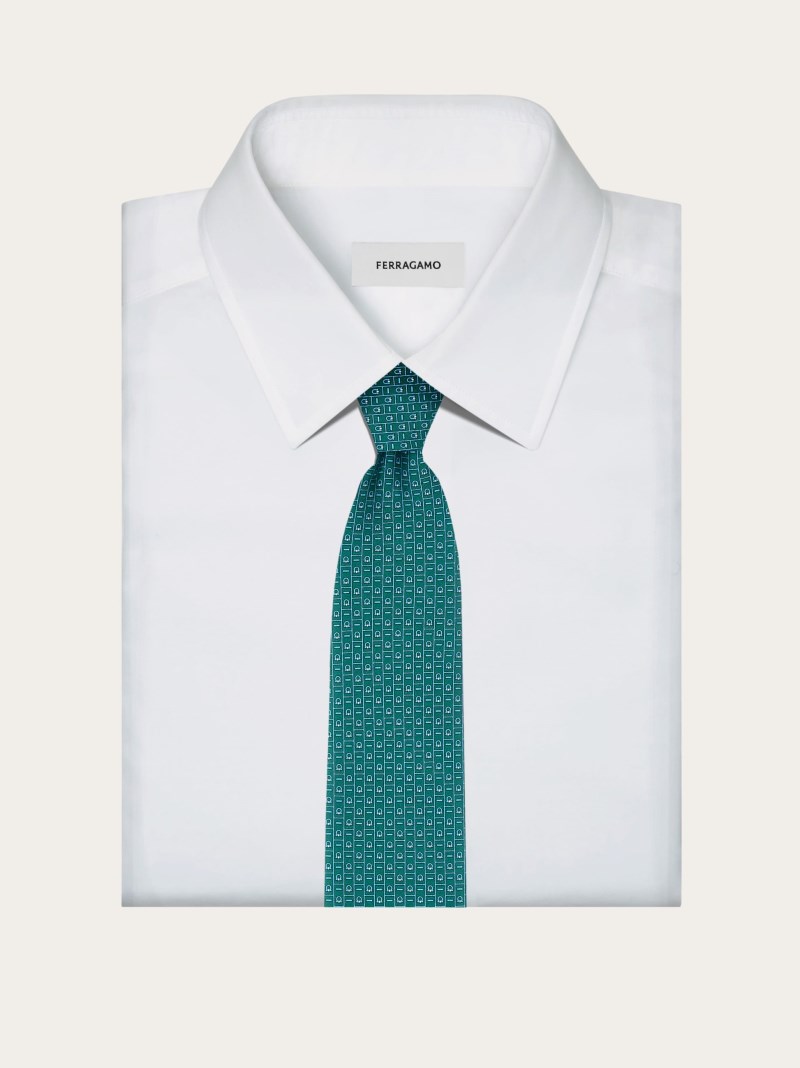 Ferragamo | Men's Monogram Print Silk Tie - Green/Light Blue