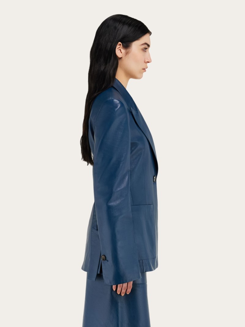 Ferragamo | Women's Single Breasted Leather Blazer - Teal Blue