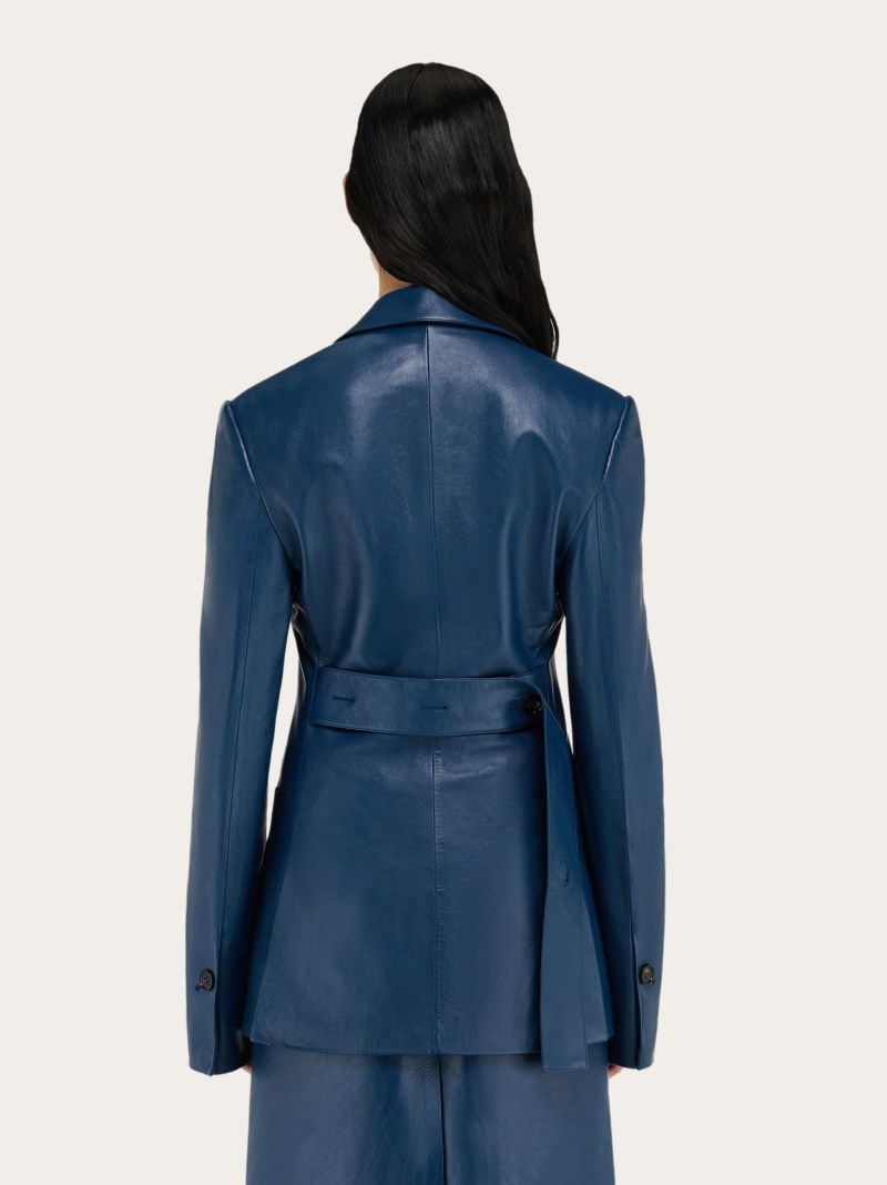 Ferragamo | Women's Single Breasted Leather Blazer - Teal Blue