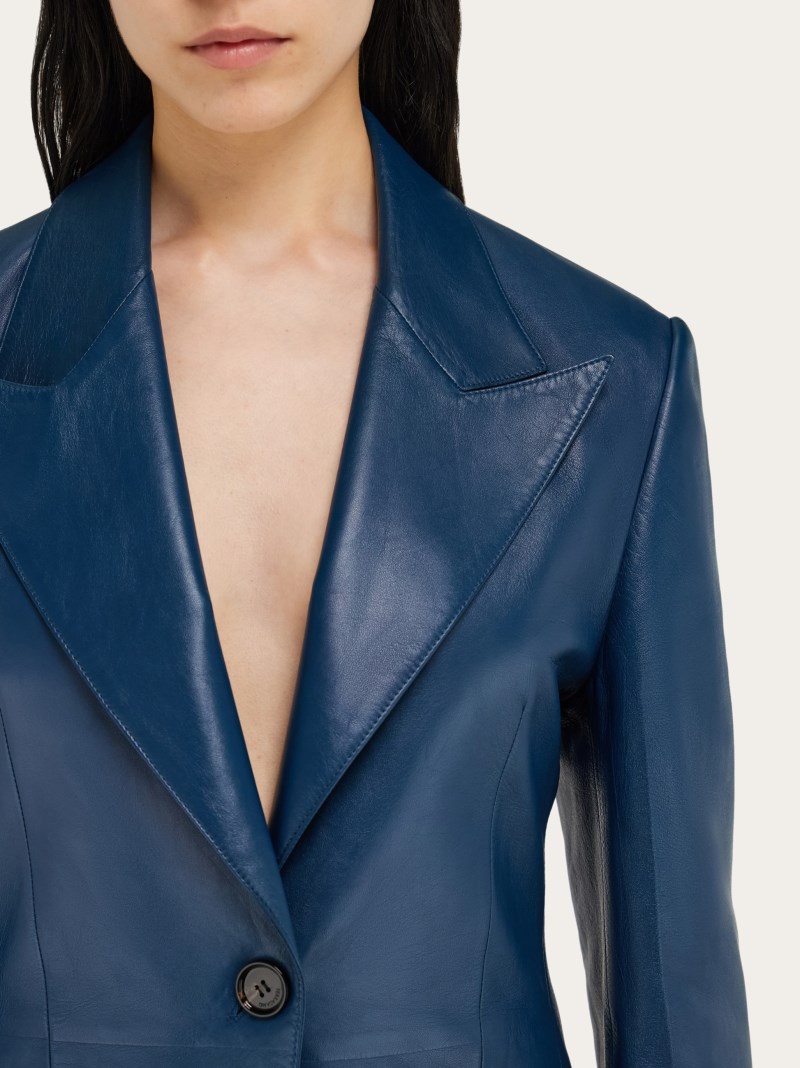Ferragamo | Women's Single Breasted Leather Blazer - Teal Blue