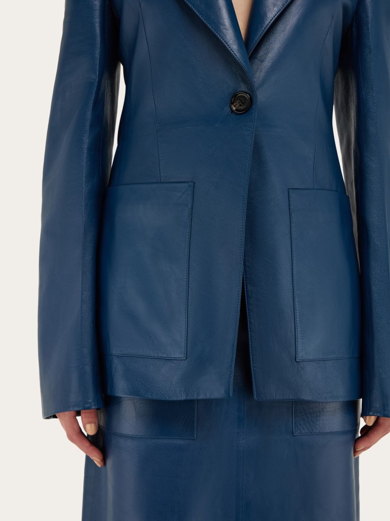 Ferragamo | Women's Single Breasted Leather Blazer - Teal Blue