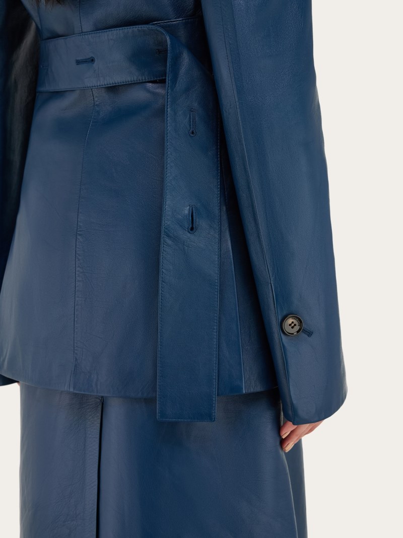 Ferragamo | Women's Single Breasted Leather Blazer - Teal Blue