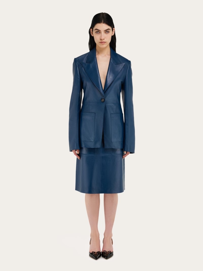 Ferragamo | Women's Single Breasted Leather Blazer - Teal Blue