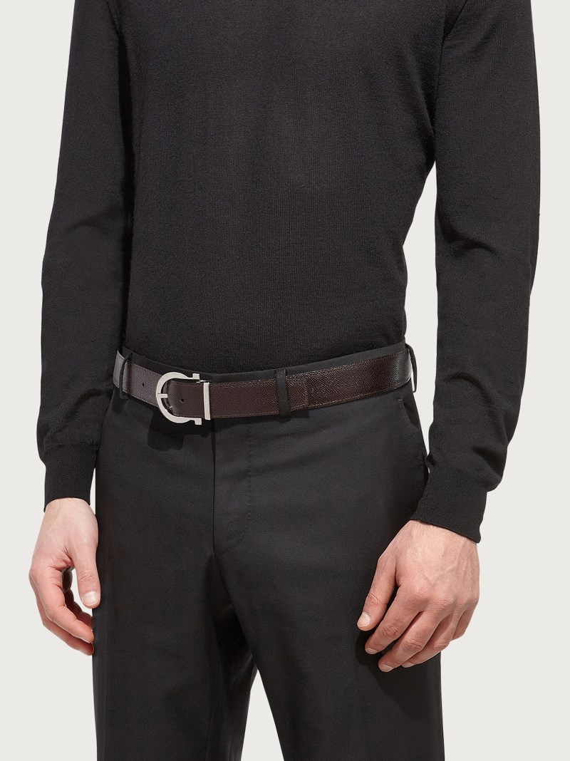 Ferragamo | Men's Reversible And Adjustable Gancini Belt - Black/Hickory