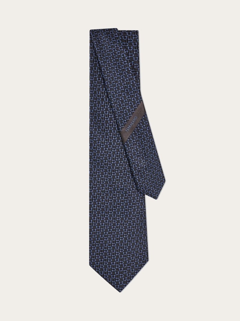 Ferragamo | Men's Jacquard Tie With Diagonal Gancini - Dark Blue