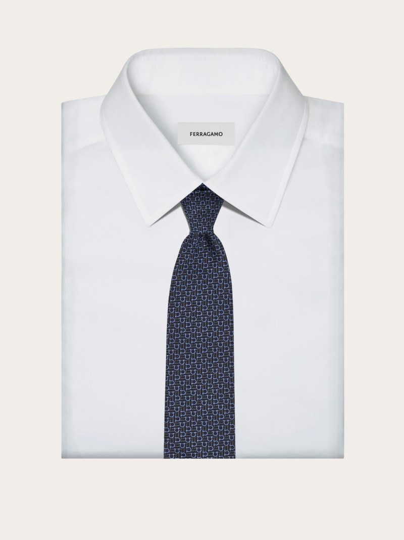Ferragamo | Men's Jacquard Tie With Diagonal Gancini - Dark Blue