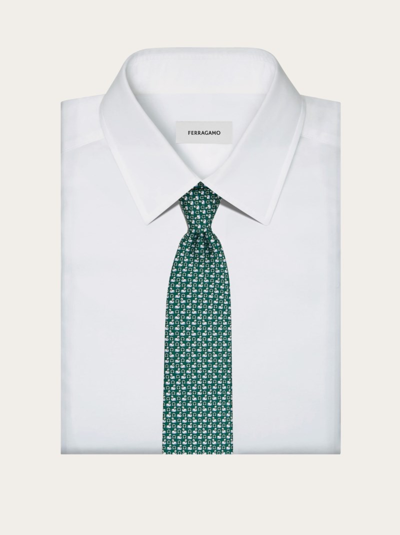 Ferragamo | Men's Swan Print Silk Tie - Green