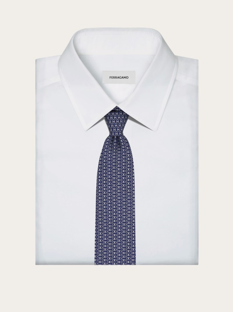 Ferragamo | Men's Gancini Print Silk Tie - Navy Blue
