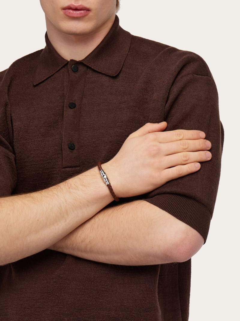 Ferragamo | Men's Braided Leather Bracelet - Brown (Size 19)