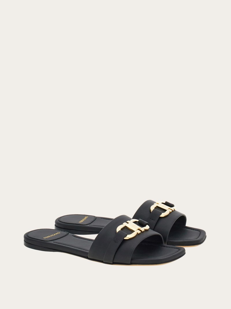 Ferragamo | Women's Flat Slide With Gancini Ornament - Black
