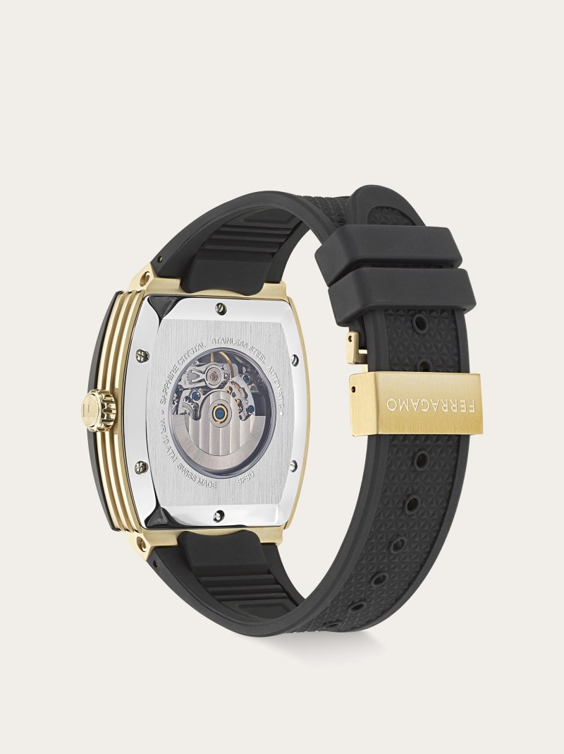 Ferragamo | Men's F-80 Tonneau Skeleton Watch - Stainless Steel/Ip Yellow Gold And Ip Black/Black