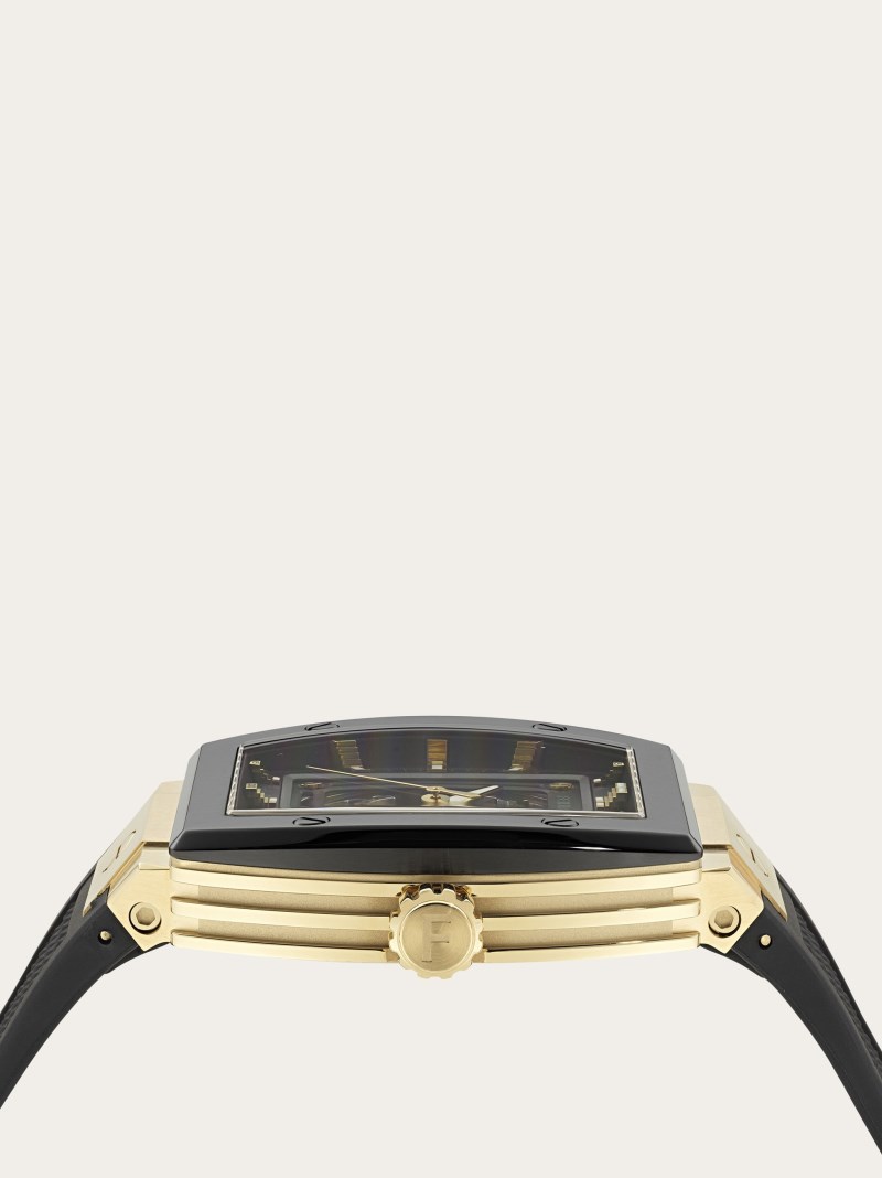 Ferragamo | Men's F-80 Tonneau Skeleton Watch - Stainless Steel/Ip Yellow Gold And Ip Black/Black