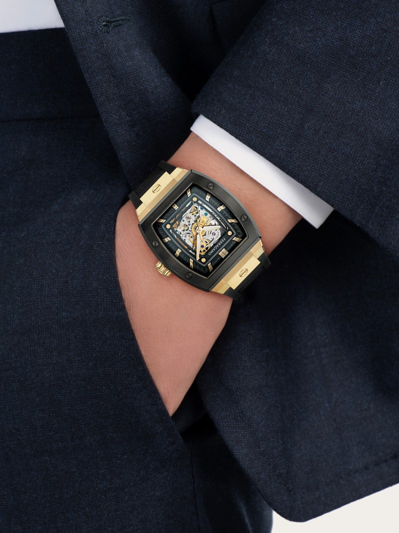 Ferragamo | Men's F-80 Tonneau Skeleton Watch - Stainless Steel/Ip Yellow Gold And Ip Black/Black
