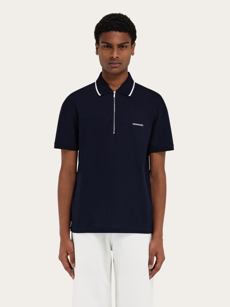Ferragamo | Men's Cotton Polo Shirt With Zip Closure - New Navy Blue