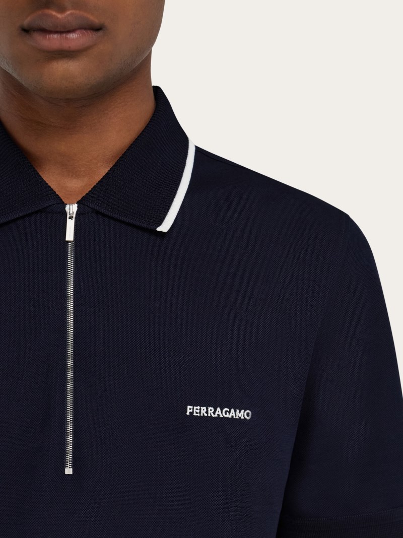 Ferragamo | Men's Cotton Polo Shirt With Zip Closure - New Navy Blue