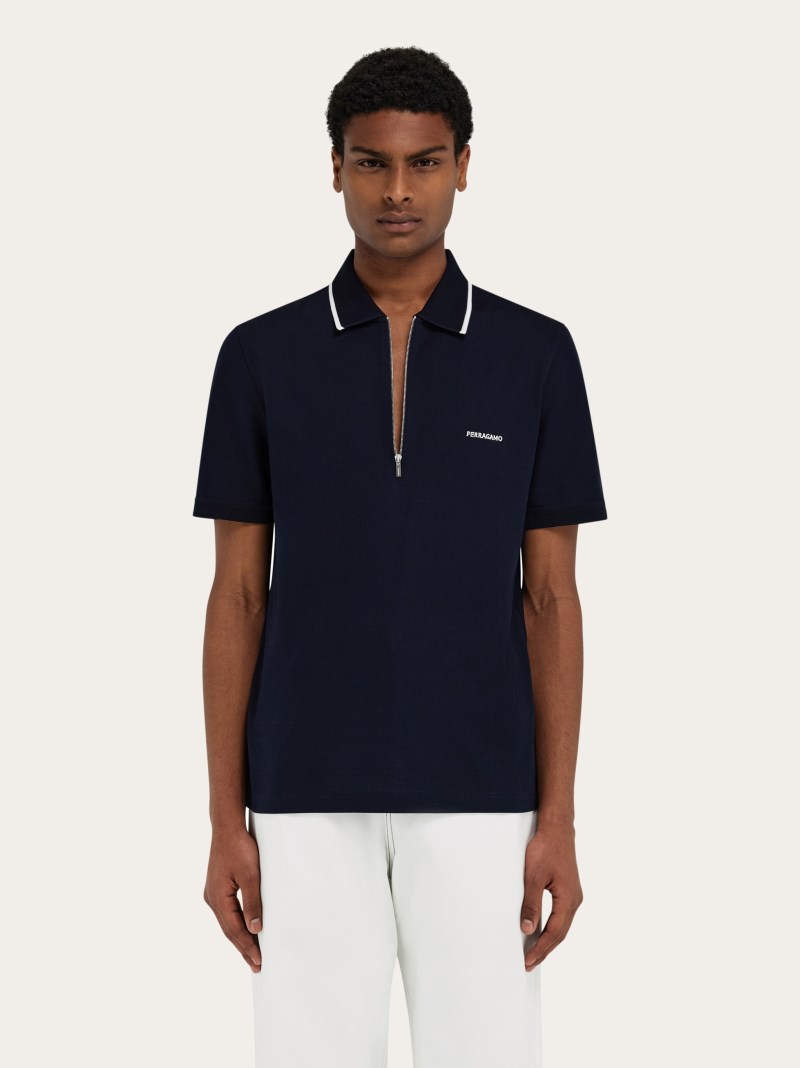 Ferragamo | Men's Cotton Polo Shirt With Zip Closure - New Navy Blue