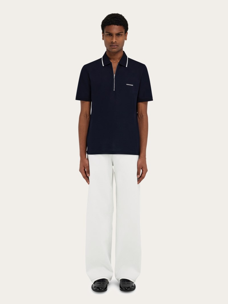 Ferragamo | Men's Cotton Polo Shirt With Zip Closure - New Navy Blue