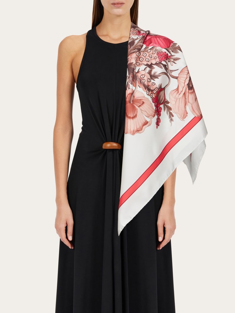 Ferragamo | Women's Poppies Print Silk Foulard - Ivory/Pink