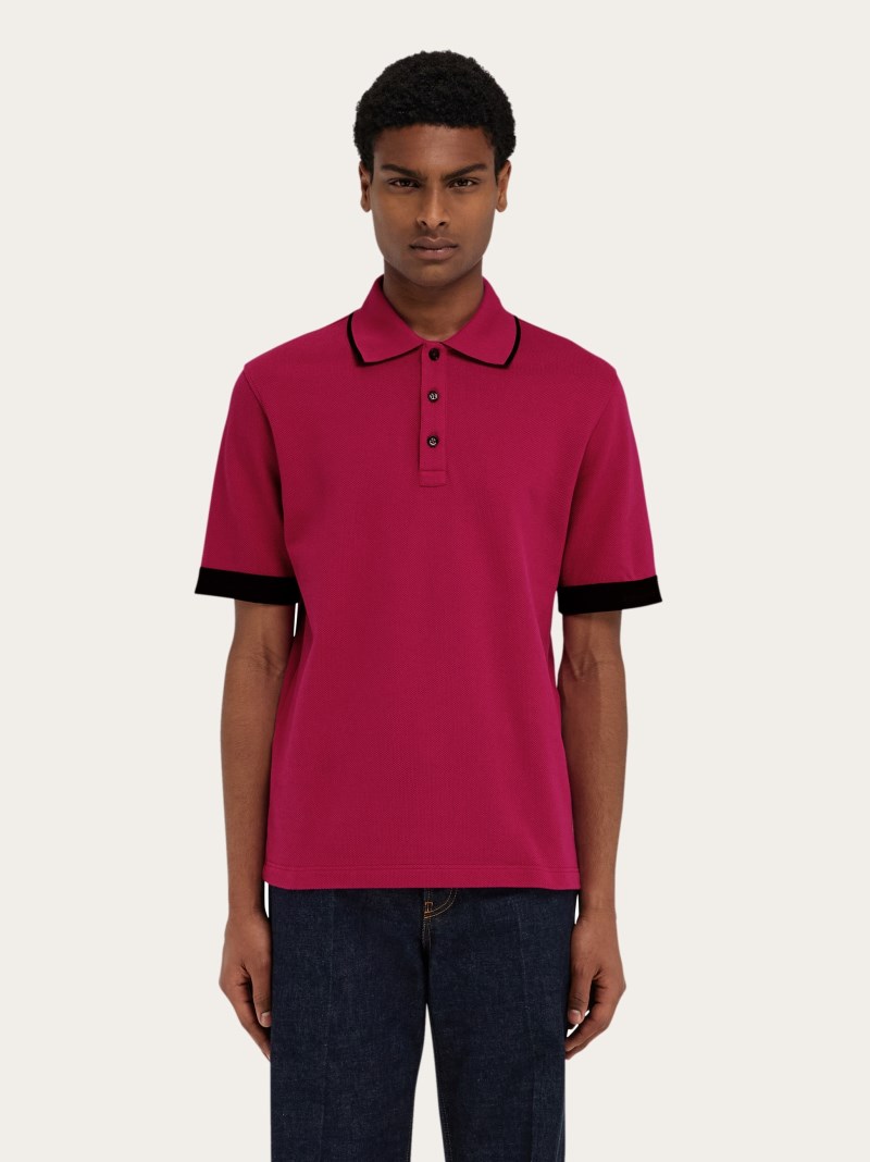 Ferragamo | Men's Polo Shirt With Contrasting Sleeve Detail - Cherry Red/Black