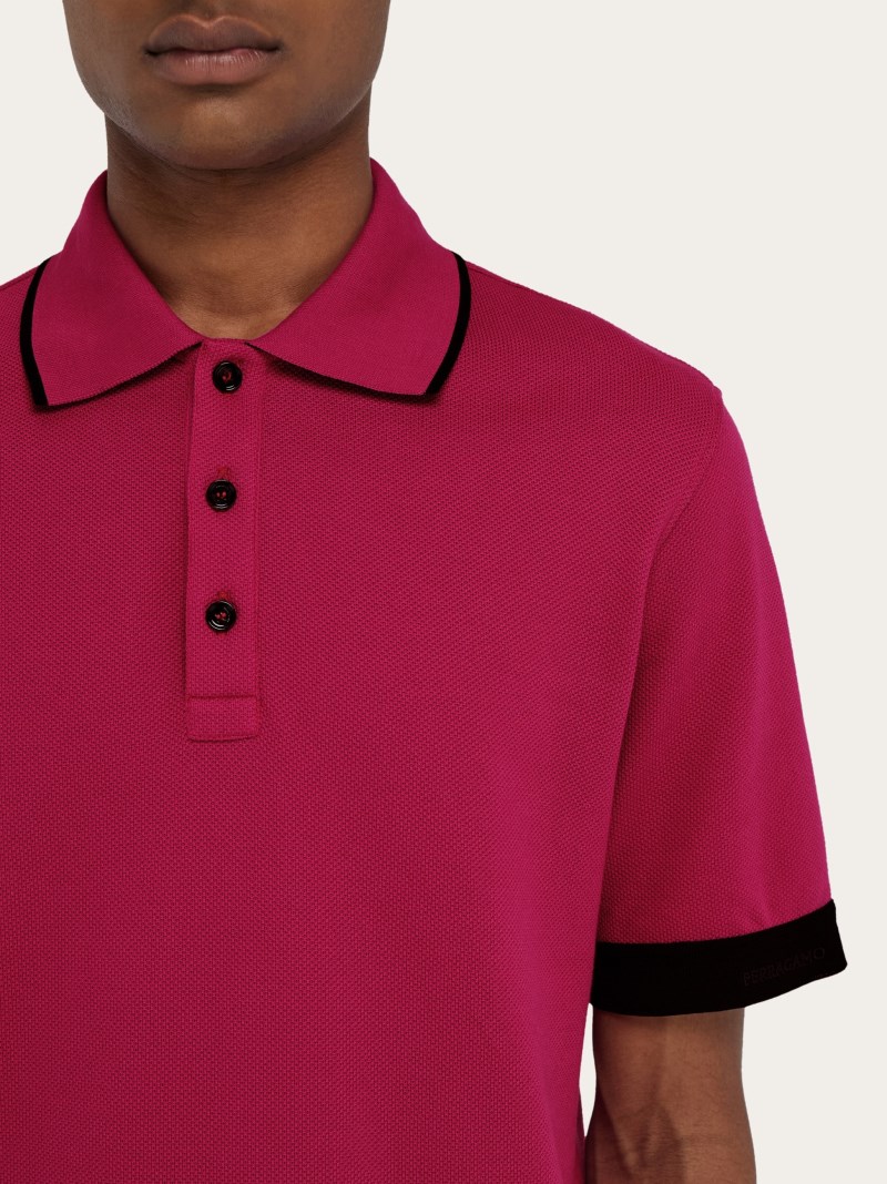 Ferragamo | Men's Polo Shirt With Contrasting Sleeve Detail - Cherry Red/Black