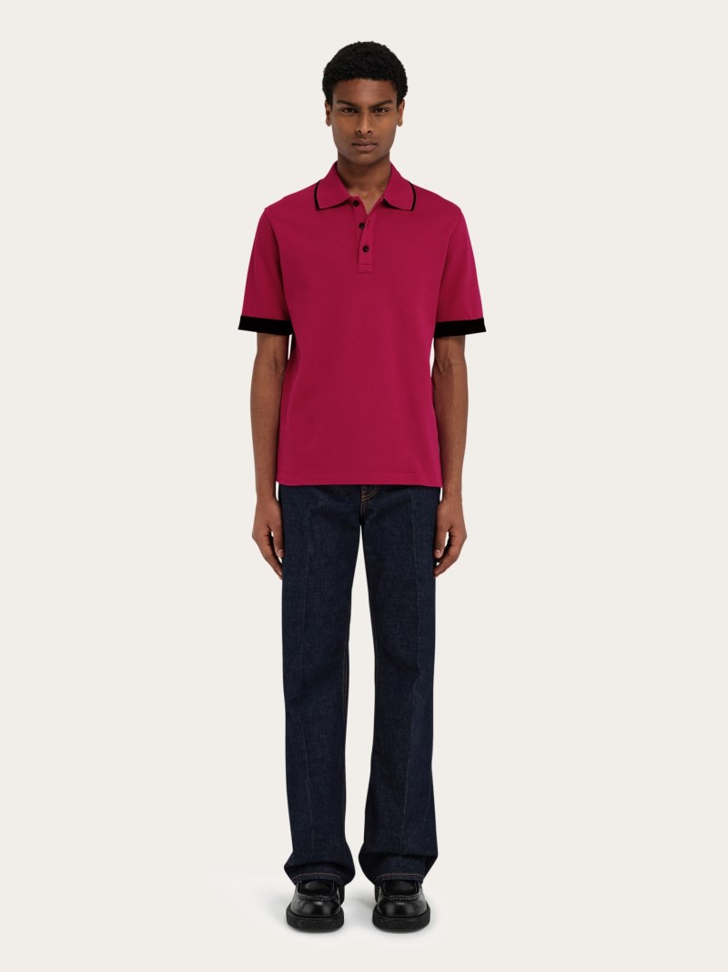 Ferragamo | Men's Polo Shirt With Contrasting Sleeve Detail - Cherry Red/Black