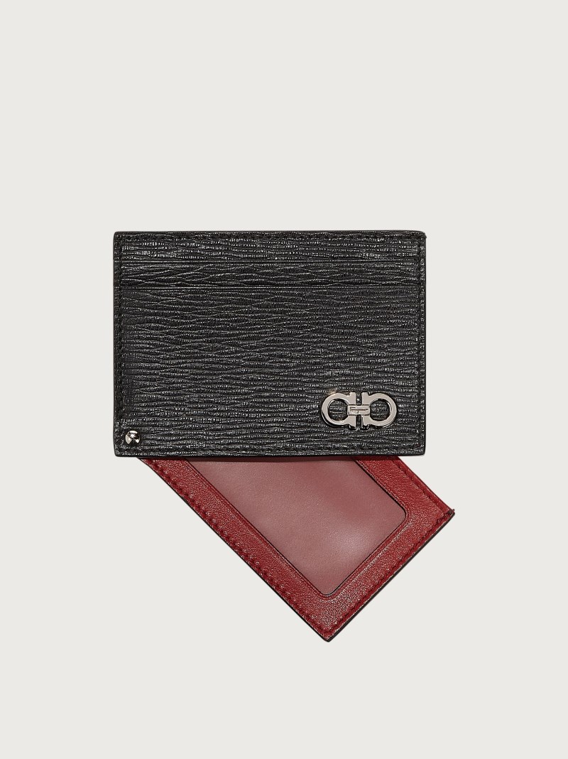 Ferragamo | Men's Gancini Card Holder With Pull-Out Id Window - Black/Ferragamo Red