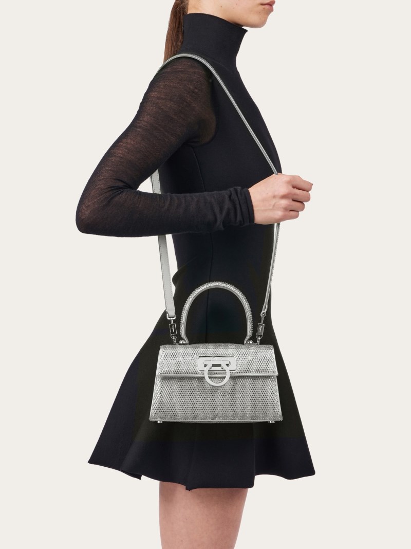 Ferragamo | Women's East-West Iconic Top Handle With Crystals - Silver