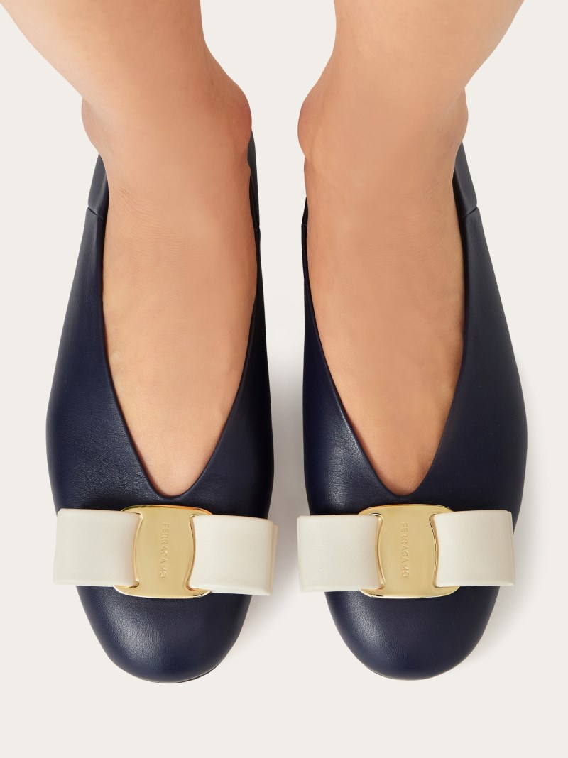 Ferragamo | Women's Vara Bow Ballet Flat - Navy Blue/Mascarpone