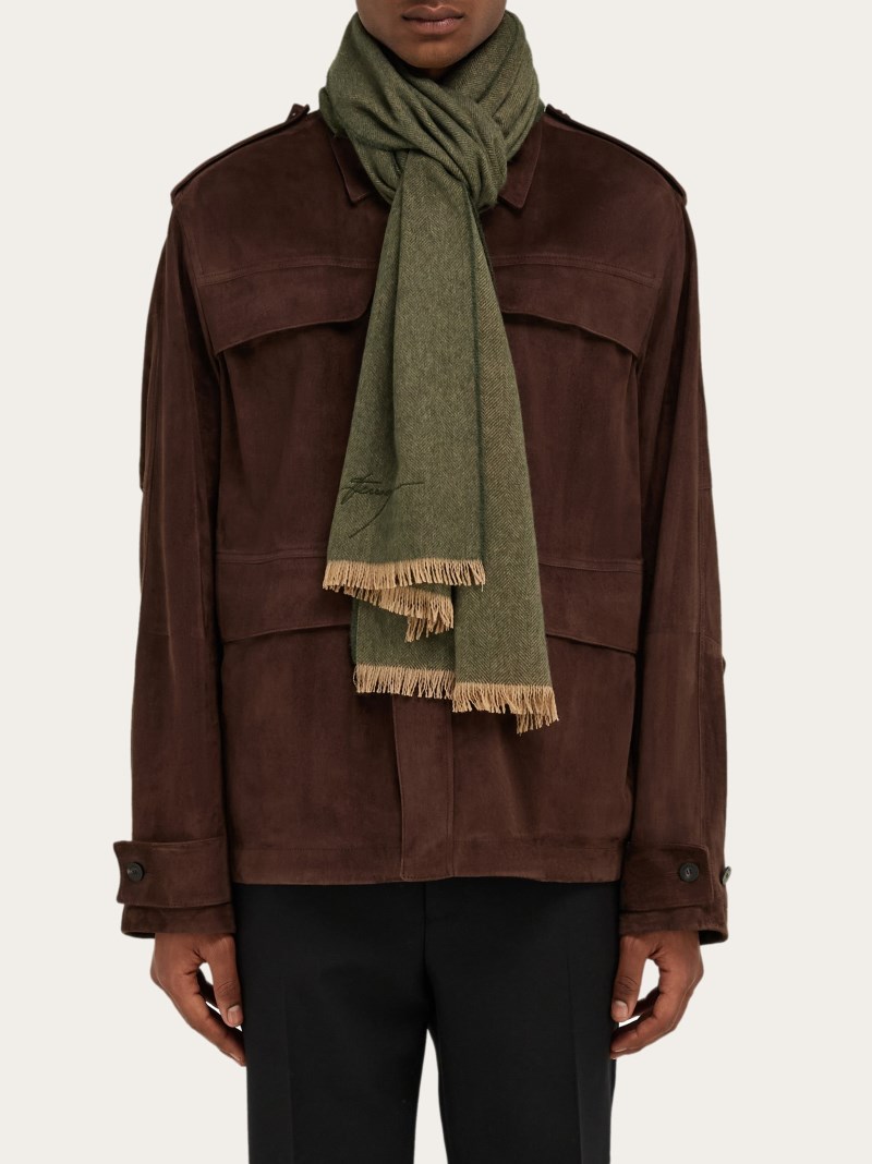 Ferragamo | Men's Cashmere Scarf - Olive Green/Camel